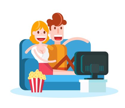 Couple in Love Watching TV with Popcorn on a Couch on White Background . Isolated Flat Vector Illustration
