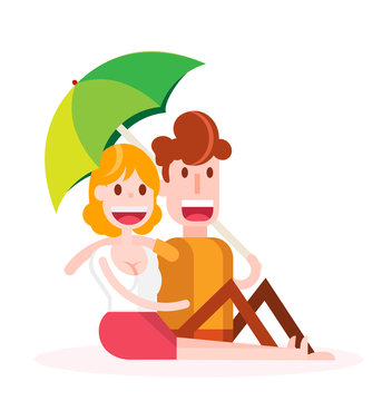Couple In Love Down an Umbrella. Isolated Flat Vector Illustration