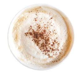 Top view of hot coffee latte cappuccino isolated on white background, clipping path included