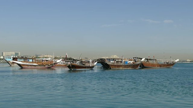 Traditional Dhow, Arab sailing vessels in Dhow Harbour in the morning 