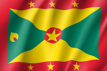 Flag Grenada realistic icon. State insignia of the nation in realistic style on the entire page. Waving state flag. National symbol in the form of a vector illustration