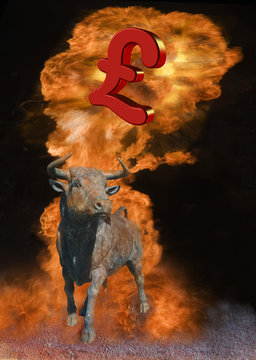 Stier, Bulle als Symbolbild mit Dollar-Zeichen im Feuersturm, B&ouml;rse, Geldhandel, Bullenmarkt oder Hausse, steigende Kurse