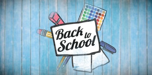 Composite image of back to school text on paper with pen