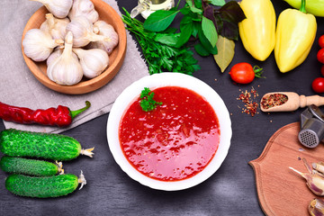Gazpacho Spanish cold soup in a white round plate