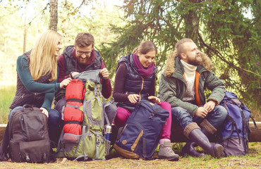 Young happy friends sitting on a tree log in forest and enjoying a good autumn day. Camp, tourism, hiking, trip, concept.