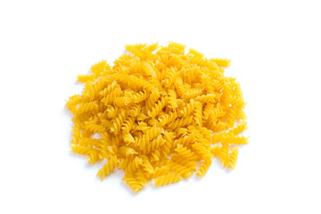 Fusilli macaroni.
Closeup of a pile of raw helix-shape fusilli macaroni on white background.