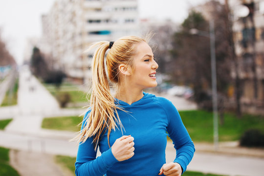 Blonde woman is exercising