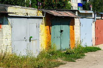 Brick garages with metal gates of garage cooperative