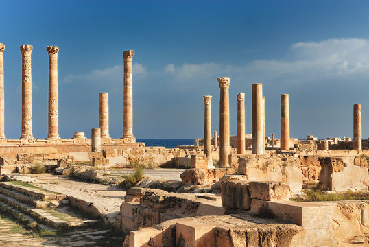 Ancient archaeological site. Ruins of the city of Sabratha, ancient "three cities" of Roman Tripolis, Libya. A UNESCO World Heritage Site since 1982.