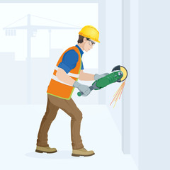 A man is a construction worker in overalls in the workplace with a tool in his hands. Vector illustration.