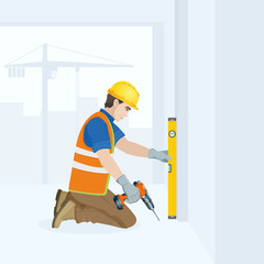 A man is a construction worker in overalls in the workplace with a tool in his hands. Vector illustration.