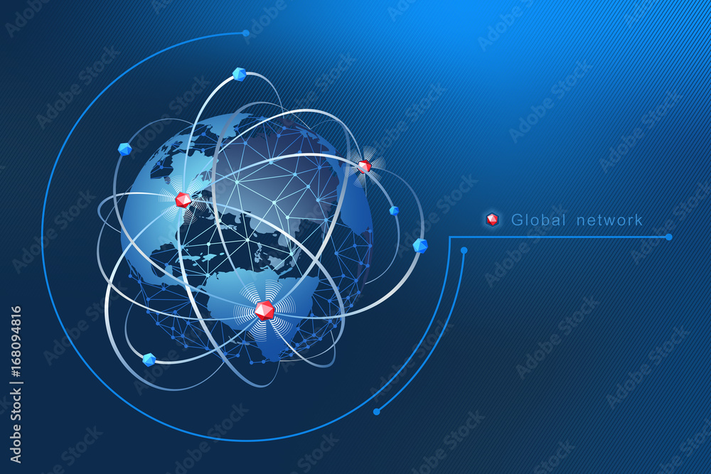 Poster modern design of network connections, the planet and satellites in orbit. background vector illustra