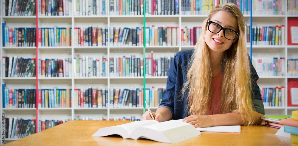 Poster composite image of student studying in the library