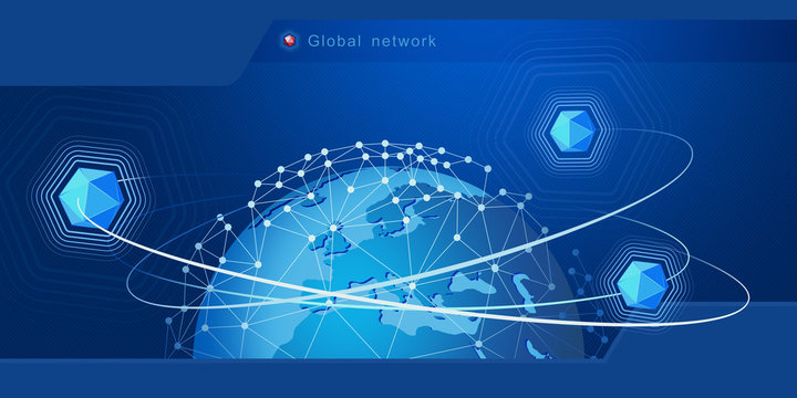 Modern design of network connections, the planet and satellites in orbit. Background vector illustration