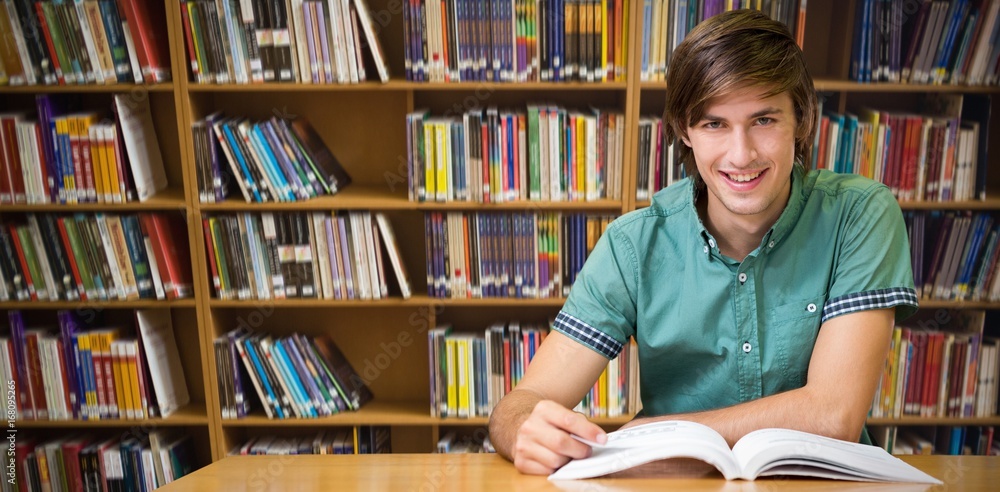Poster composite image of student sitting in library reading