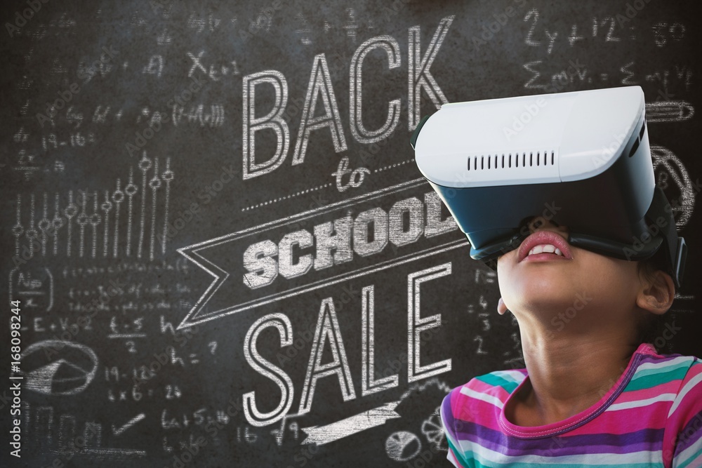 Poster composite image of close up of girl using virtual reality simula