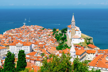 Piran, Slovenia. View from atop the city walls. - obrazy, fototapety, plakaty