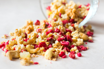 Plate of homemade muesli with cornflakes, freezedried cranberry, cashew, candied fruit, raisins .