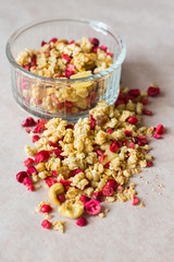 Plate of homemade muesli with cornflakes, freezedried cranberry, cashew, candied fruit, raisins.