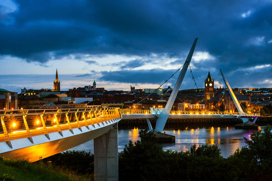 Peace bridge in Derry Londonderry in Northern Ireland with city center