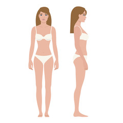 Long haired woman in white underwear on white background, front and side view. Vector illustration, realistic style.