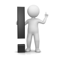 exclamation mark exclamation point black 3d stick man pointing up attention pose warning gesture isolated on white