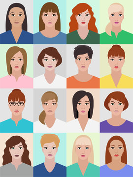 Woman's portrait collection, different young women, profile image, girls faces vector illustration