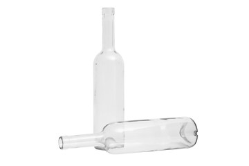 Glass transparent empty two classic bottles on isolated background.