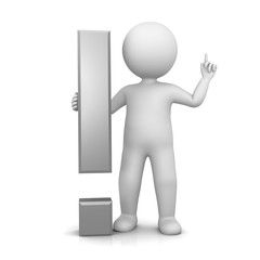 exclamation mark exclamation point 3d silver grey gray stick man pointing up attention pose hand up warning gesture