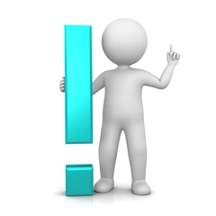 exclamation mark exclamation point 3d turquoise cyan stick man pointing up attention pose warning gesture