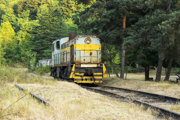 Fototapeta na wymiar front view of the Diesel locomotive on the railroad