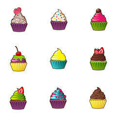 Vector cupcakes or muffins icon. Colorful dessert with cream, chocolate, cherries and strawberries. Multicolor cute cupcake sign for flyers, postcards, stickers, prints, posters, decorations.