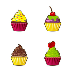 Vector cupcakes or muffins icon. Colorful dessert with cream, chocolate, cherries and strawberries. Multicolor cute cupcake sign for flyers, postcards, stickers, prints, posters, decorations.
