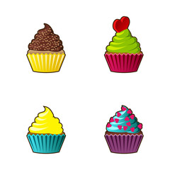 Vector cupcakes or muffins icon. Colorful dessert with cream, chocolate, cherries and strawberries. Multicolor cute cupcake sign for flyers, postcards, stickers, prints, posters, decorations.