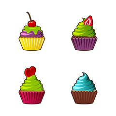 Vector cupcakes or muffins icon. Colorful dessert with cream, chocolate, cherries and strawberries. Multicolor cute cupcake sign for flyers, postcards, stickers, prints, posters, decorations.