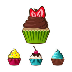 Vector cupcakes or muffins icon. Colorful dessert with cream, chocolate, cherries and strawberries. Multicolor cute cupcake sign for flyers, postcards, stickers, prints, posters, decorations.