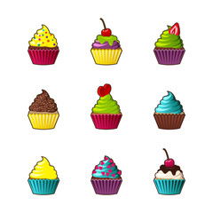 Vector cupcakes or muffins icon. Colorful dessert with cream, chocolate, cherries and strawberries. Multicolor cute cupcake sign for flyers, postcards, stickers, prints, posters, decorations.