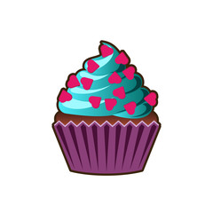 Vector cupcakes or muffins icon. Colorful dessert with cream, chocolate, pink hearts. Multicolor cute cupcake sign for flyers, postcards, stickers, prints, posters, decorations.