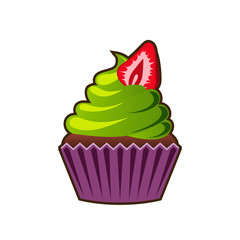 Vector cupcakes or muffins icon. Colorful dessert with cream, chocolate and strawberries. Multicolor cute cupcake sign for flyers, postcards, stickers, prints, posters, decorations.