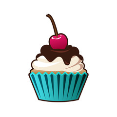 Vector cupcakes or muffins icon. Colorful dessert with cream, chocolate, cherries. Multicolor cute cupcake sign for flyers, postcards, stickers, prints, posters, decorations.