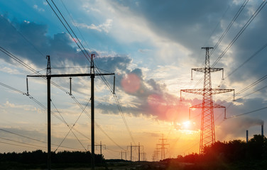 Silhouette of high voltage power lines