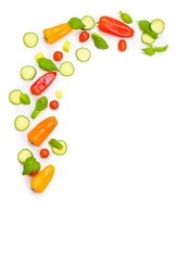 Vegetables on white background, top view, overhead, copy space
