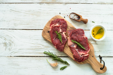 Beef steak with ingredients. Raw cooking ingredients.