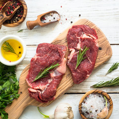 Beef steak with ingredients. Raw cooking ingredients.