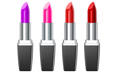 Set of color lipsticks. Red lipstick, pink lipstick, wine lipstick. Red lipstick set isolated on white background ,3D render.