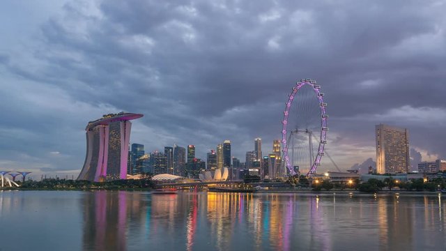 Singapore city skyline waterfront day to night timelapse, Singapore, 4K Time lapse