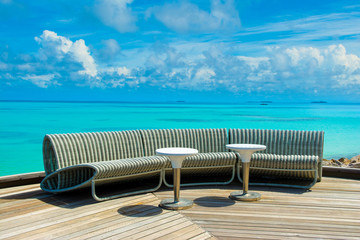 Chill lounge zone on the sandy beach, Maldives island