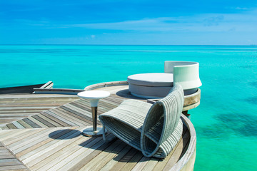 Chill lounge zone on the sandy beach, Maldives island