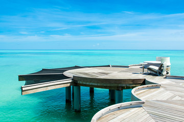 Chill lounge zone on the sandy beach, Maldives island