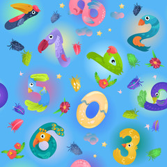 Pattern from numbers like birds in fairy style / Seamless pattern from numbers in fairy style like different birds. Bright and colorful gradient illustration
